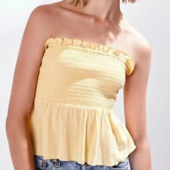 La Hearts Tops La Hearts Yellow Smocked Peplum Tie Back